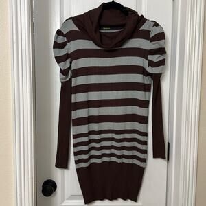 Sky woman brown and gray striped puff sleeve long sleeve dress size L